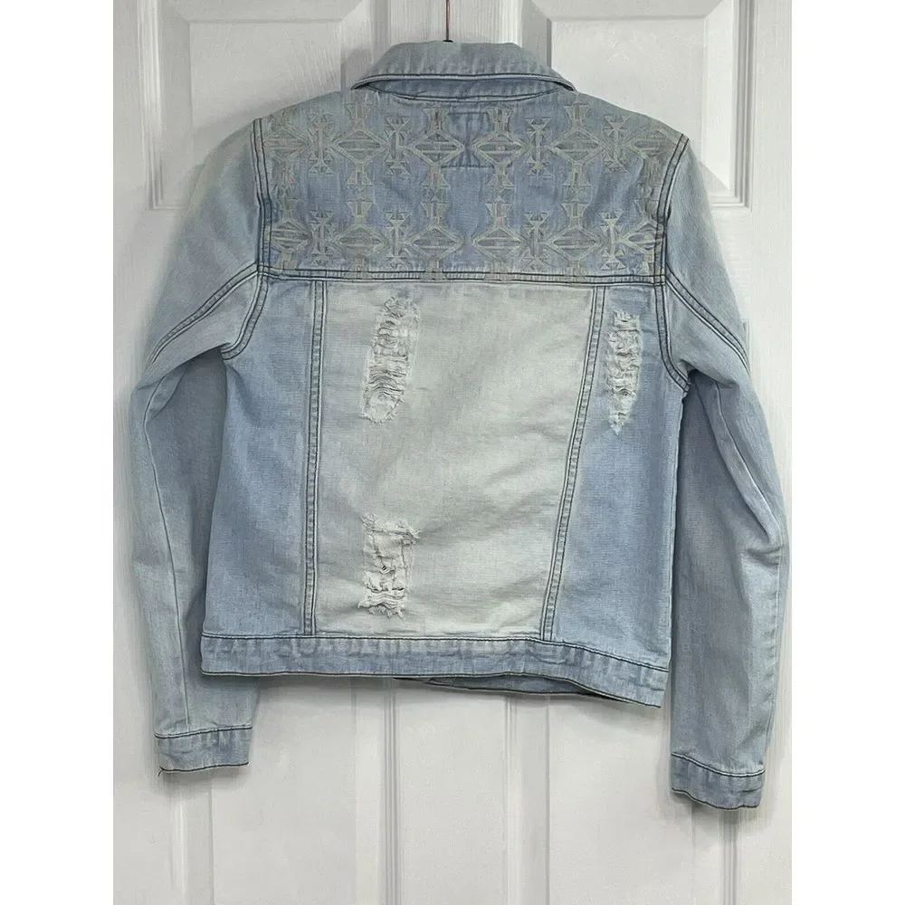 Forever 21 Jacket Women S Blue Denim Aztec Embellished Distressed Trucker‎ A+